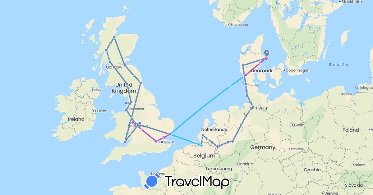 TravelMap itinerary: driving, cycling, train, boat in Belgium, Germany, Denmark, United Kingdom, Netherlands (Europe)